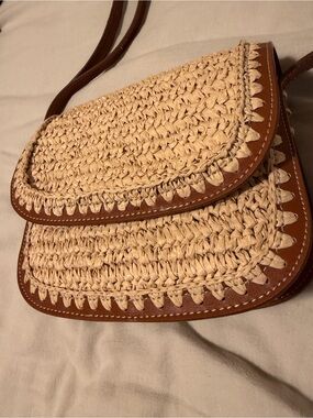 MNG - Mango Woven Straw Crossbody Bag with Brown Leather Details
